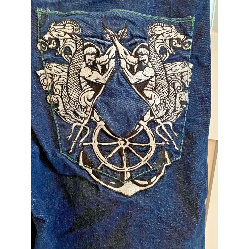 Y2K Coogi Jean Shorts Mens 38 Denim Dragon Embroidered Logo Colorful Baggy - Picture 6 of 9